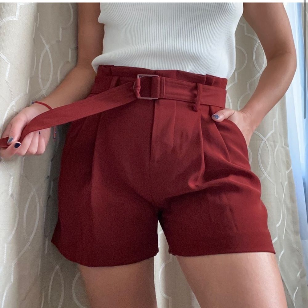 Vince High Red Waisted Belted Shorts